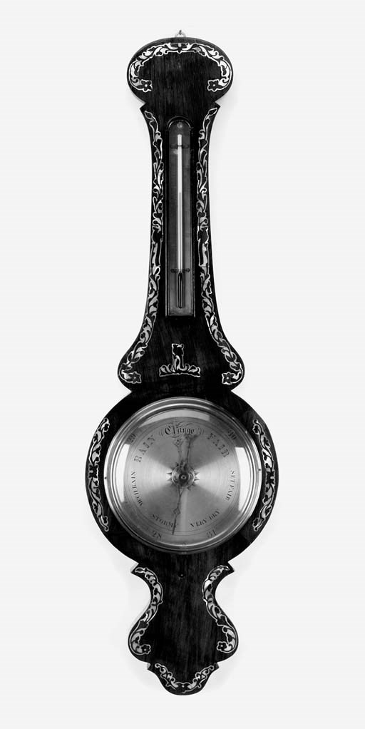 A Victorian rosewood and mother-of-pearl inlaid wheel barometer, second quarter 19th century