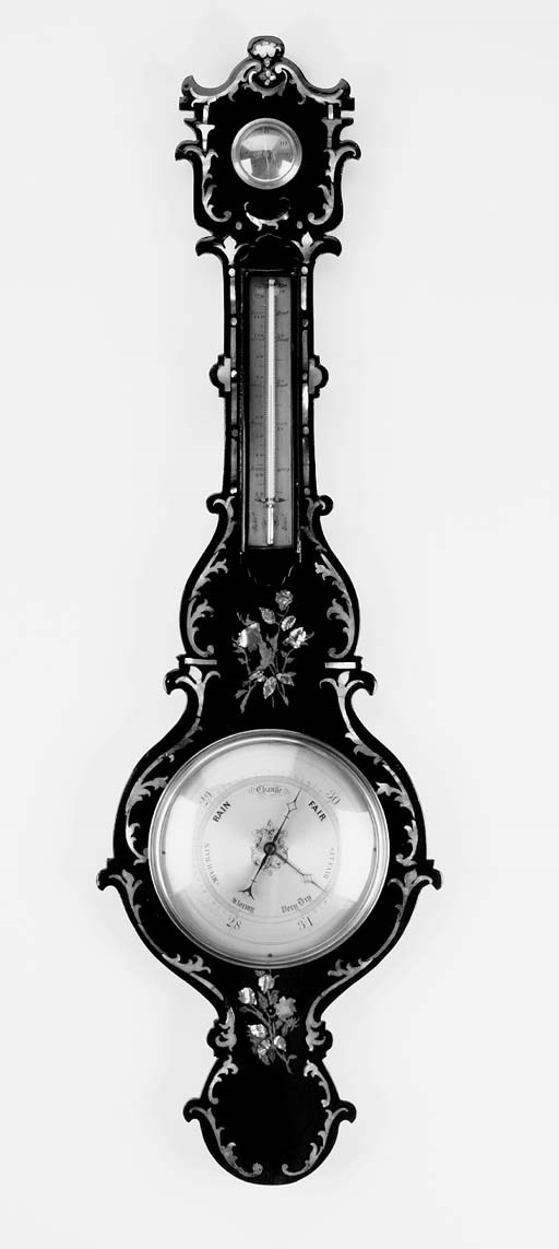 A Victorian papier mâché and mother-of-pearl inlaid wheel barometer, mid 19th century