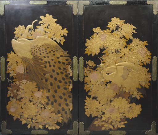 A Japanese two-fold black and gold lacquer screen,
