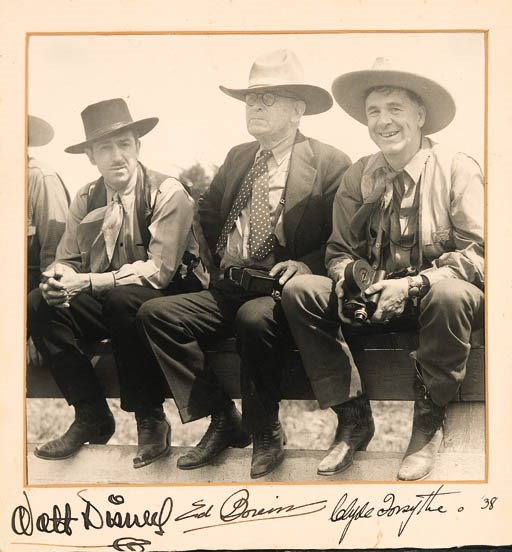 BOREIN, Edward, and DISNEY, Walt, and FORSYTHE, Clyde. Photograph signed by all three on the matt.  7 x 7 in., black and white, no place, 1938, laid down on board with a matt overlay.  Some minor creasing along the top away from the subjects.  On the verso is a label indicating the origin of the print as "Doubleday & Co. Inc., 277 Park Avenue, New York."