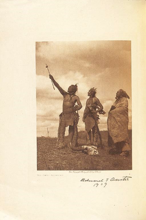 CURTIS, Edward S. [Prospectus] The North American Indian, being a Series of Volumes Picturing and Describing the Indians of the United States and Alaska. [New York], 1907. 4o. Two photogravures: "The Oath -- Apsaroke" and "Navaho Medicine-Man." Original printed wrappers. SCARCE ORIGINAL PROSPECTUS OF CURTIS' MONUMENTAL NORTH AMERICAN INDIAN, SIGNED BY CURTIS ON THE FRONTISPIECE AND DATED 1909. Of this original prospectus, presumably no more than 500 copies were printed. Signed copies are very rare on the market, with none recorded in ABPC since 1975.