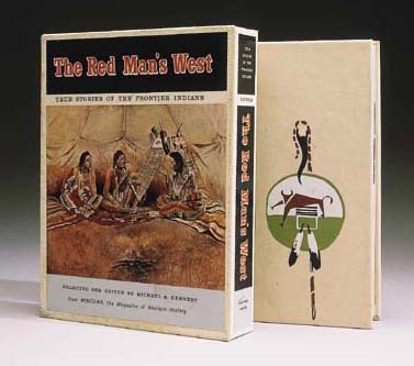KENNEDY, Michael S. The Red Man's West. New York, 1965. 8o. Plates. Cream buckskin, the front cover with a Native American shield and staff painted on cover; original publisher's pictorial board box. SPECIAL COPY, with a signed lithograph by Borein bound in and a beaded bookmark by the Chippewa-Cree laid in, LIMITED EDITION, number 80 of 199 copies.