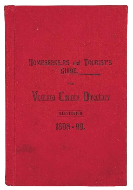 MILLIKEN, Peter, editor. Homeseekers and Tourist's Guide and Ventura Country Directory Illustrated 1898-99. Ventura, 1898. 8o. Illustrations in text. Original red printed cloth. SCARCE. RLIN lists 5 copies. Provenance: Rosario Andrea Curletti, famous Santa Barbara Californiana collector.