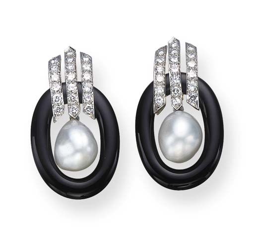 A PAIR OF DIAMOND, CULTURED PEARL AND BLACK ONYX EAR CLIPS, BY DAVID WEBB
