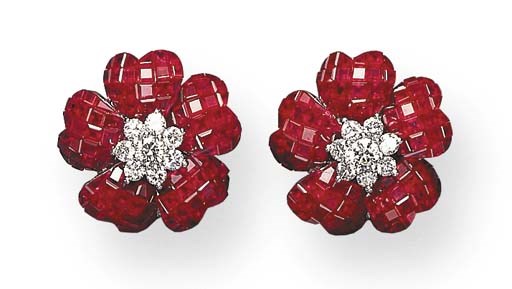 A PAIR OF RUBY AND DIAMOND EAR CLIPS