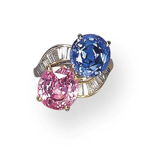 A TWO-STONE PINK AND BLUE SAPPHIRE RING