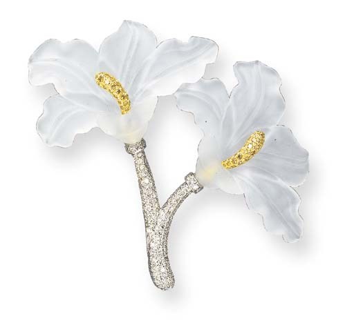 A ROCK CRYSTAL, COLORED AND NEAR COLORLESS DIAMOND FLOWER BROOCH