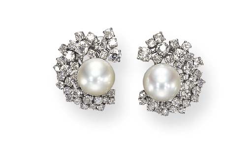 A PAIR OF CULTURED PEARL AND DIAMOND EAR CLIPS