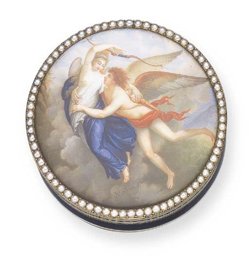 AN EXQUISITE SWISS GOLD, ENAMEL AND PEARL-SET SNUFF BOX
Maker's mark of George Rémond & Cie., Geneva