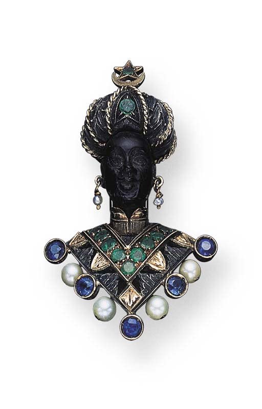 A HARDSTONE, EMERALD, SAPPHIRE AND CULTURED PEARL BLACKAMOOR BROOCH, BY NARDI