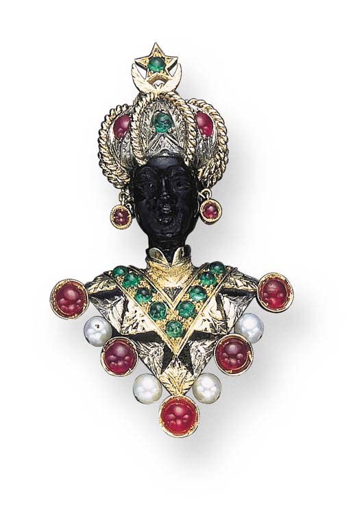 A HARDSTONE, RUBY, EMERALD, AND CULTURED PEARL BLACKAMOOR BROOCH, BY NARDI