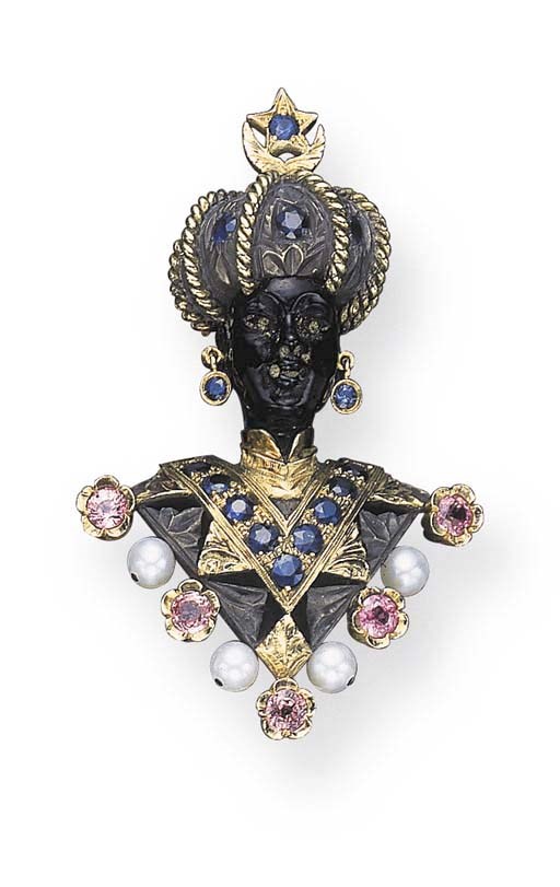 A HARDSTONE, CULTURED PEARL, BLUE AND PINK SAPPHIRE BLACKAMOOR BROOCH, BY NARDI