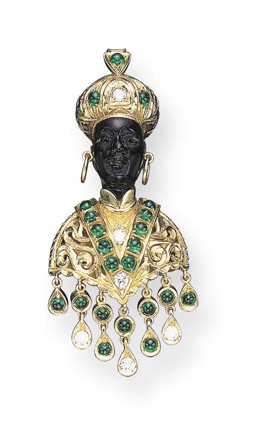 A HARDSTONE, EMERALD AND DIAMOND BLACKAMOOR BROOCH, BY NARDI