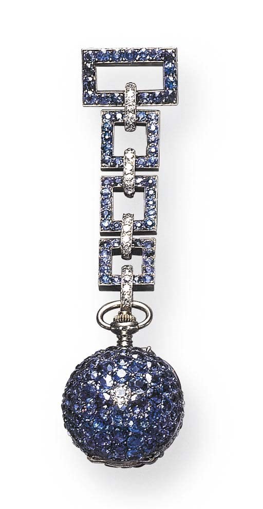 AN ANTIQUE SAPPHIRE AND DIAMOND LAPEL WATCH