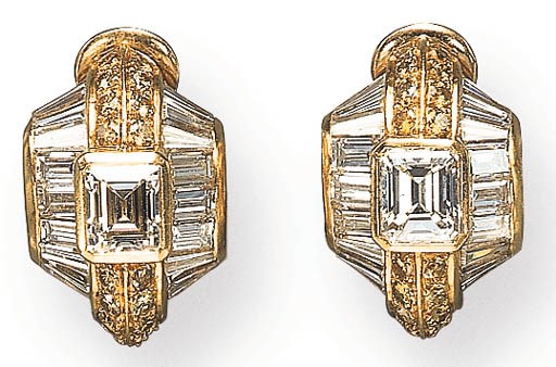 A PAIR OF NEAR COLORLESS AND COLORED DIAMOND EAR CLIPS, BY BULGARI