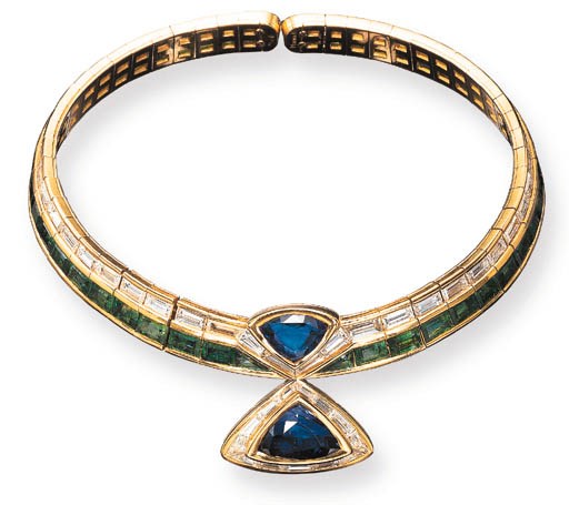 A SAPPHIRE, EMERALD AND DIAMOND PENDENT CHOKER, BY MARINA B