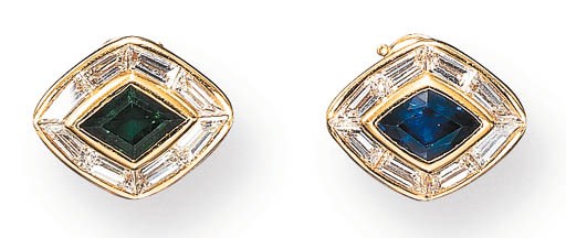 A PAIR OF SAPPHIRE, EMERALD AND DIAMOND EAR CLIPS, MARINA B