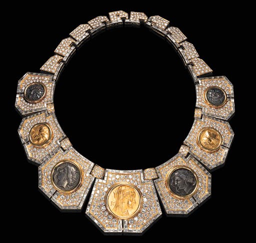 A SPECTACULAR ANCIENT COIN, DIAMOND AND GOLD NECKLACE, BY MASSONI