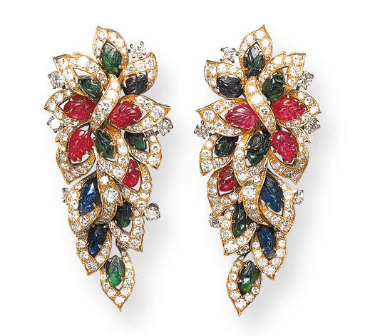 A PAIR OF RUBY, SAPPHIRE, EMERALD AND DIAMOND EAR PENDANTS, BY MASSONI