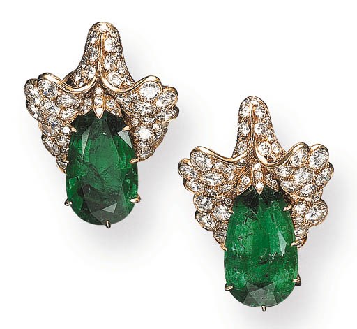 AN ELEGANT PAIR OF EMERALD AND DIAMOND EAR CLIPS, BY VAN CLEEF & ARPELS