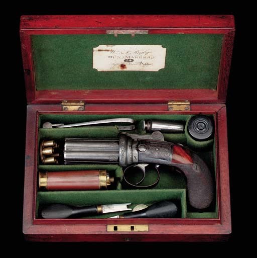 A Fine Cased 80-Bore Irish Six-Shot Percussion Pepperbox Revolver