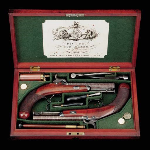 A Fine And Rare Cased Pair Of 32-Bore Riviere Patent Percussion Coach Pistols