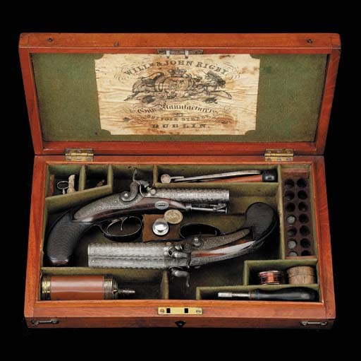 A Fine Cased Pair Of 40-Bore Irish D.B. Percussion Travelling Pistols