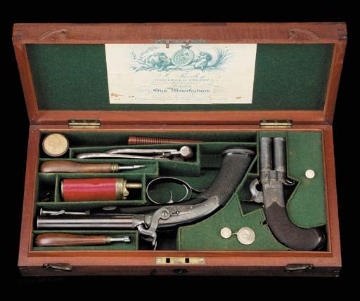 A Highly Unusual Cased Set Of D.B. Percussion Pistols, Comprising A 24-Bore Side-By-Side Pistol And A 42-Bore Box-Lock Turn-Over Pocket Pistol