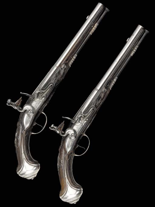 A Fine Pair Of 24-Bore Silver-Mounted Flintlock Holster Pistols