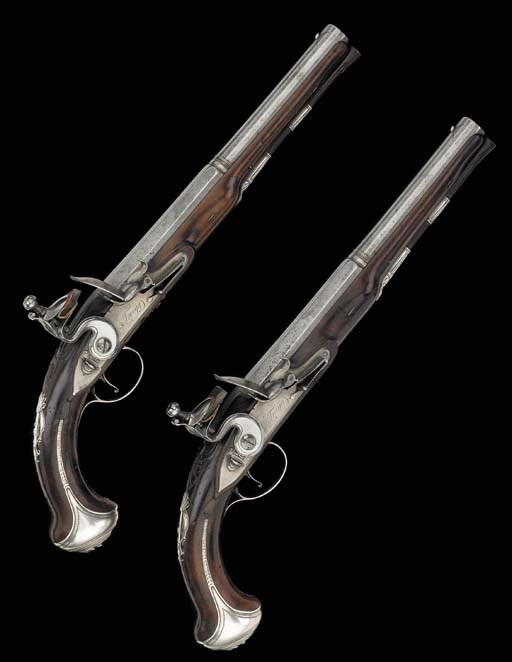 A Fine Pair Of 18-Bore Silver-Mounted Flintlock Holster Pistols
