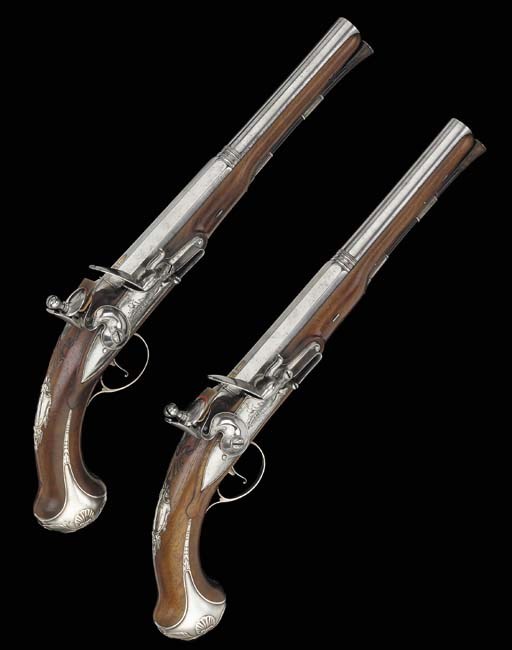 A Fine Pair Of 24-Bore Silver-Mounted Flintlock Holster Pistols