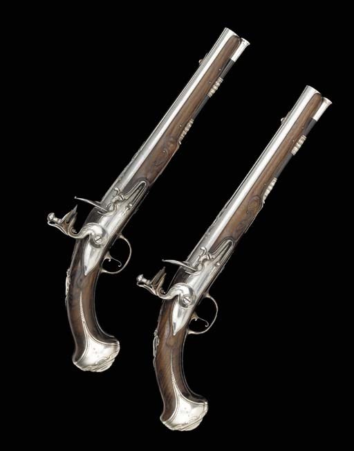 A Fine Pair Of 18-Bore Silver-Mounted Flintlock Holster Pistols