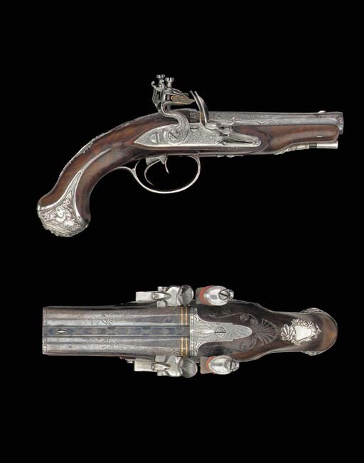 A Fine Pair Of 32-Bore Silver-Mounted D.B. Flintlock Pistols
