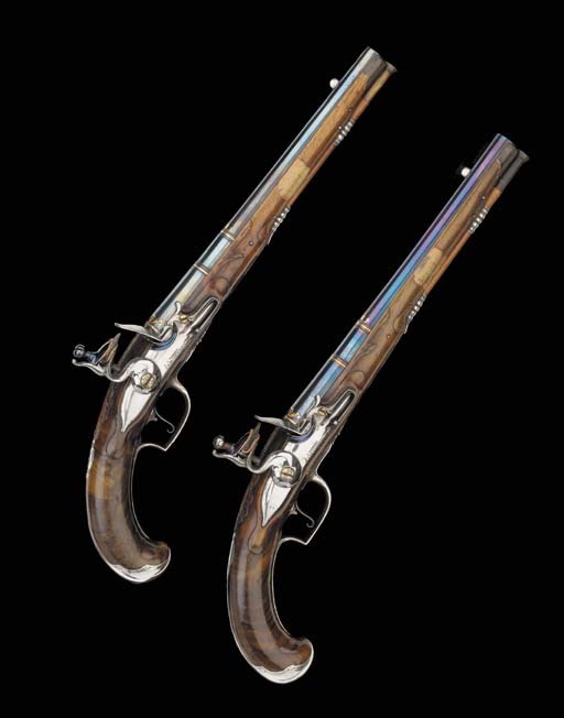 A Fine Pair Of 30-Bore German Silver-Mounted Flintlock Holster Pistols