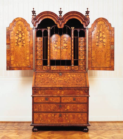 A WILLIAM AND MARY WALNUT, BURR-WALNUT AND FRUITWOOD MARQUETRY BUREAU-CABINET