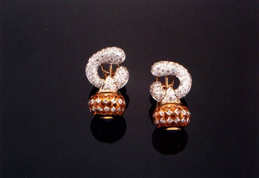 A PAIR OF MULTI-GEM EAR-PENDANTS