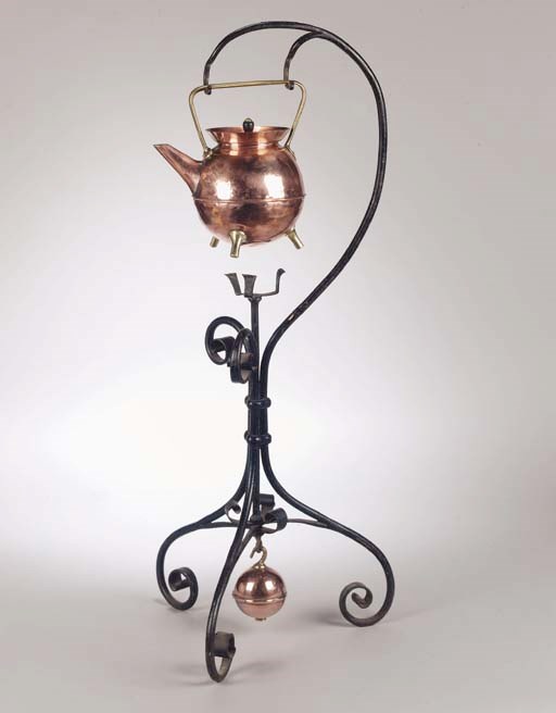 A Benham and Froud copper, brass and wrought iron kettle and stand