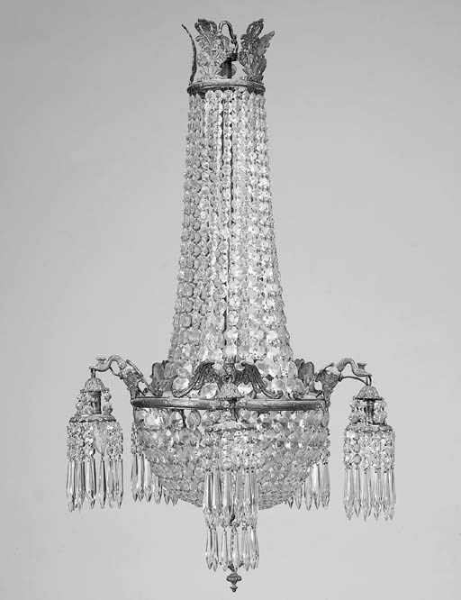 A Continental gilt metal and moulded glass five light electrolier, first quarter 20th century