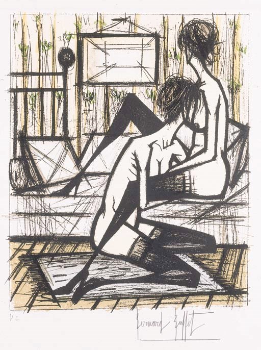 BUFFET, Bernard. Jeux de Dames. Paris: André Sauret - Les Editions du Livre, 1970. Grand in-folio (750x552 mm.) En feuilles sous chemise lithographiée et emboîtage cartonné de l'éditeur. (Eraflures et quelques taches).