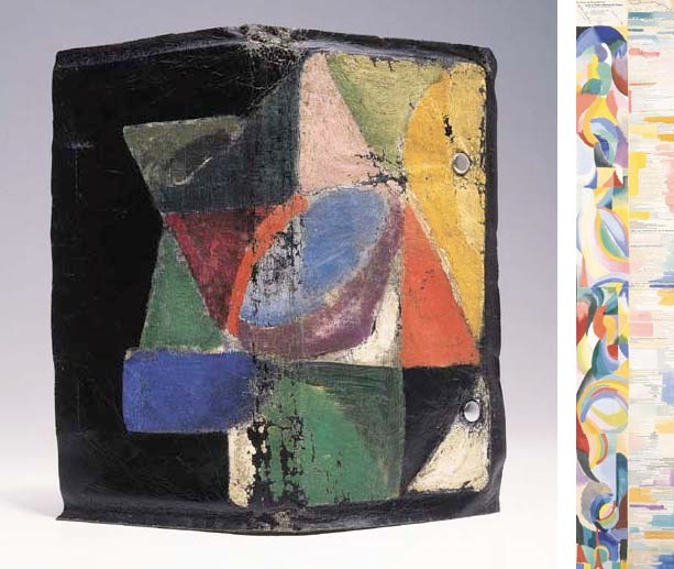 CENDRARS, Blaise. La prose du Transsibérien et de la Petite Jehanne de France. Couleurs simultanées de Mme Delaunay-Terk. Paris: Editions des Hommes Nouveaux, 1913. Une feuille de 2000 mm x 360mm. pliée en deux verticalement et en dix horizontalement, attachée par une bande de toile à l'intérieur d'une chemise en peau (196 x 113 mm.) peinte à l'huile par Sonia Delaunay.