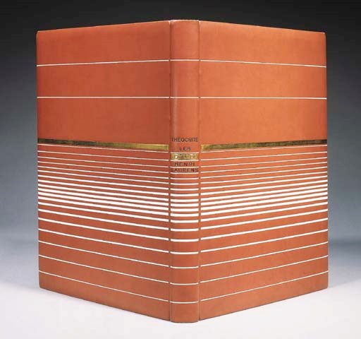 THEOCRITE. Les Idylles. Paris: Tériade, 1945. In-folio (330x242 mm.). Reliure de l'époque en box saumon, plats et dos ornés de filets parallèles blanc et or, dos lisse, tranches dorées sur témoins, doublures en box beige, chemise et étui de relieur, couverture illustrée conservée. (Dos de la chemise passé, étui frotté). (Reliure signé Rose Adler et André Jeanne, datée 1927).