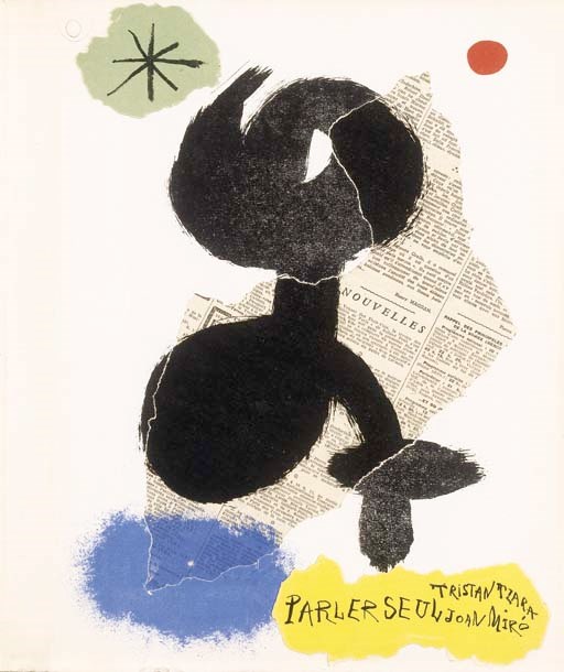 TZARA, Tristan. Parler Seul. Paris: Maeght 1948-1950. In-folio (396x303mm). En feuilles sous couverture lithographiée avec un collage, la chemise et l'étui sont également illustrés d'une lithographie. (Couverture très légèrement jaunie sur les bords, petite déchirure de 70mm restaurée au dos de la chemise. Etui légèrement frotté, avec d'infimes déchirures.)
