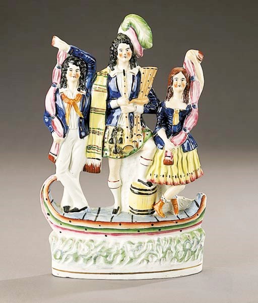 A theatrical group of three figures in a boat