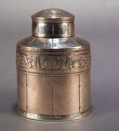 A LIBERTY & CO SILVER TEA CADDY AND COVER
THE DESIGN ATTRIBUTED TO BERNARD CUZNER, BIRMINGHAM 1912