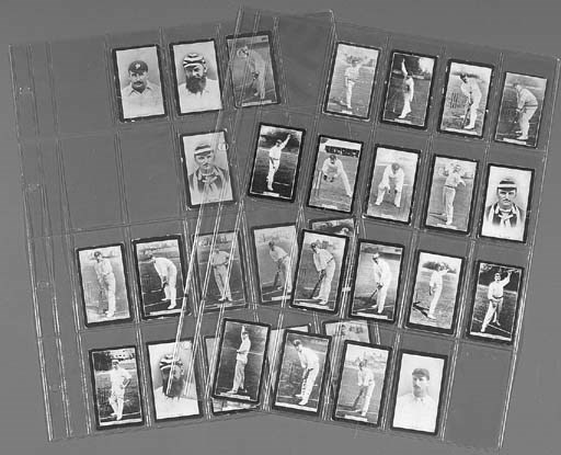 F.& J. Smith, Glasgow, Scotland, Champions of Sport- (Blue back), 27 cards (only, of 29, lacking only Noble and Clem Hill), head and shoulder and full length action photographic portraits of Australian and English cricketers, including Victor Trumper, Joe Darling, Hugh Trumble, S.Gregory, W.G.Grace, A.Mclaren, G.Jessop, Lord Hawke, R.Abel and others, 1902 (Deadman p.56) see illustration 	 (27)