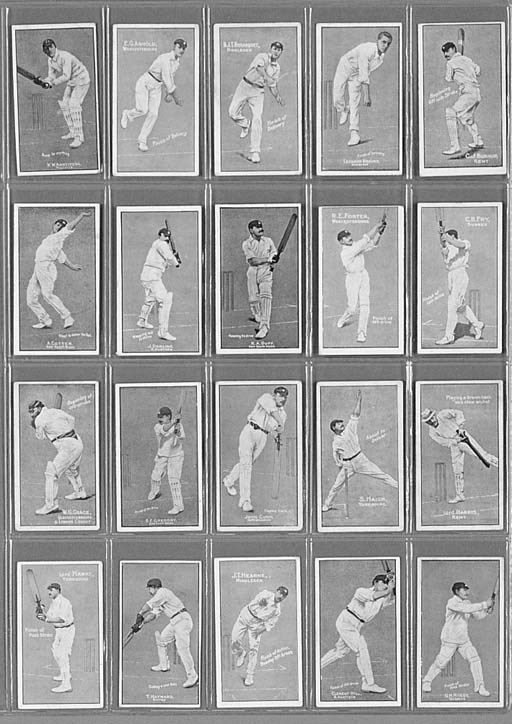 Sniders & Abrahams, Pty.,Ltd, Melbourne, Victoria, Australia, Cricketers in Action, complete set of 41 coloured cards of English and Australian cricketers, including Trumper, Noble, Laver, Armstrong, Duff, Darling, Cotter, Gregory, Rhodes, Lord Hawke, Bosanquette, Fry, Lord Harris, Maclaren, Grace, Warner and others, including the card of C.E.McLeod in both pink and grey fronts, 1906, see Deadman p.58 'These cards are based on the set of cricket prints by A.Chevallier Tayler, entitled The Empire's Cricketers', (see illustration) 	 (41)