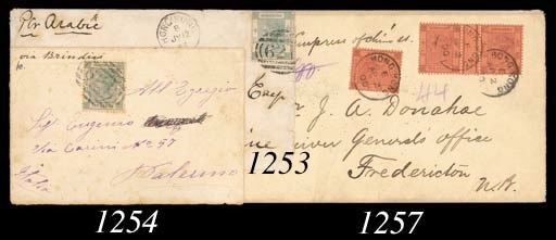 cover 1887 envelope (flap missing) addressed to Italy "via Brindisi" bearing 1882-96 10c. green tied by "62B" type D with Italian backstamps; part of the name has been crossed through and some tone spots. Photo