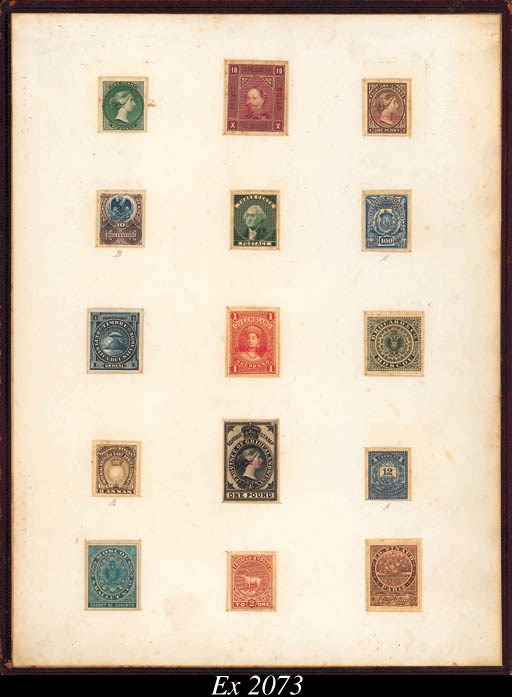 Proof  Bradbury, Wilkinson leather presentation folder containing thirty imperforate printer's samples from various countries and in a range of unissued colours; included are British East Africa 8a., Canada Queen's Head 1d. essay, Falkland Islands 1891-1902 1d. and 1898 2/6d. and 5/-, all three handstamped "SPECIMEN", Formosa 1888 20ca. in blue with printed "SPECIMEN" in the same colour, Griqualand Revenue £1 handstamped "SPECIMEN", Queensland 1882 £1 handstamped "SPECIMEN", Rhodesia 1892 £5, Tasmania 1892 1d. essay in claret, and U.S.A. 1851 Washington 3c. essay in green, etc.; the folder divided in two and with some foxing on some of the stamps, nevertheless a very rare and spectacular range of the printer's work. Photo