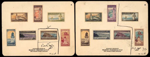 Proof  1947 issue, two sets of seven imperforate proofs affixed to two cards, the one card with all but the 6d. in close to issued colours though only the 1d. and 1/- approved, the second with only the 6d. in issued colours and approved, and four further proofs for the ½d., 2d., 3d. and 4d. in approved colours; all three dated "17.12.46". A remarkable group. Photo