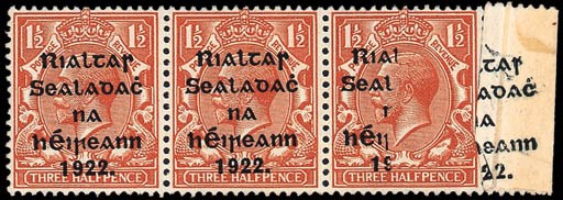 unused  1922 Thom 1½d. red-brown, a horizontal strip of three from right of the sheet, the right-hand stamp with overprint partly omitted due to pre-printing paper crease in selvedge at right, mint; fine and most appealing. S.G. 10 var. Photo
